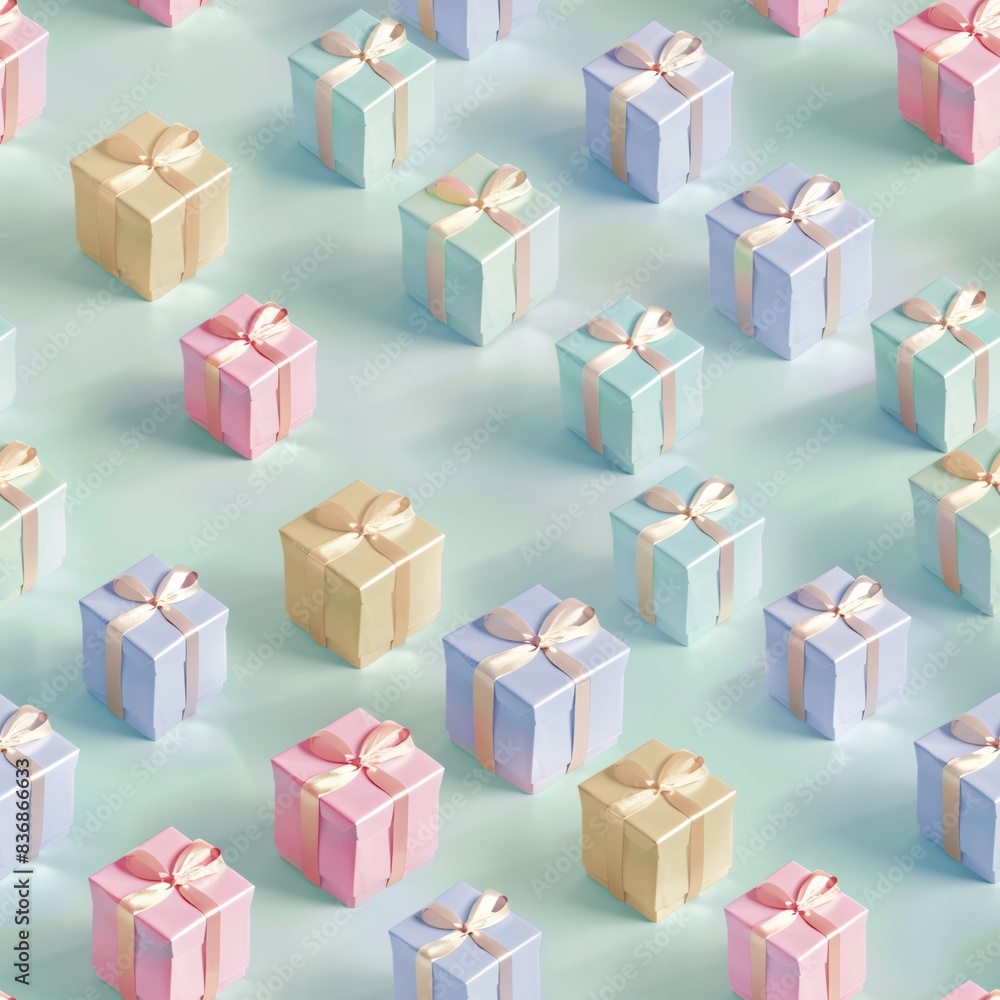 A seamless pattern showcasing pastel 3D gift boxes, systematically aligned in rows on a flat surface