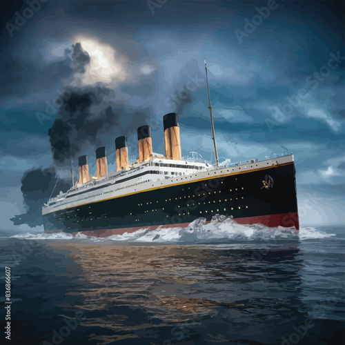 Titanic ship before crashing into giant iceberg in Atlantic Ocean 3D rendered illustration of historic deadly shipwreck accident