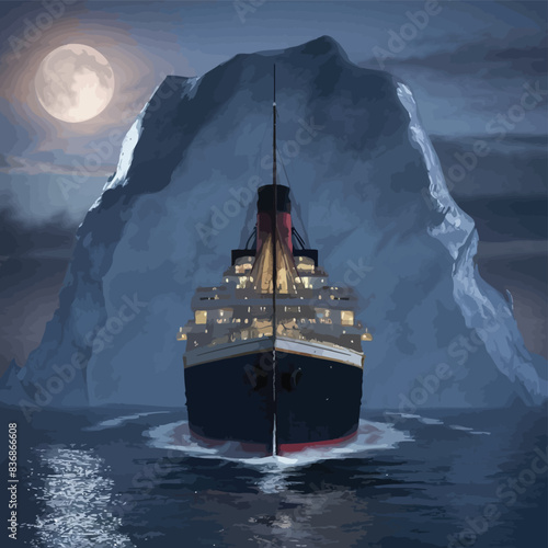 Titanic ship before crashing into giant iceberg in Atlantic Ocean 3D rendered illustration of historic deadly shipwreck accident