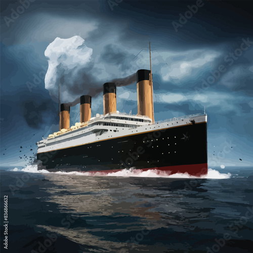 Titanic ship before crashing into giant iceberg in Atlantic Ocean 3D rendered illustration of historic deadly shipwreck accident