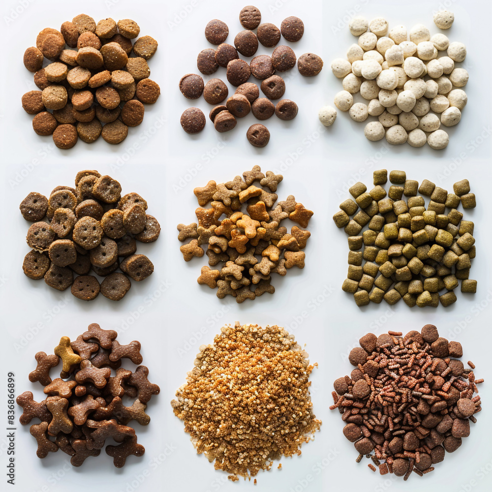 Diverse wet and dry pet foods with balanced nutrient-rich formulas for health, set against a white background Diverse wet and dry pet foods with balanced nutrient-rich formulas for health, set against a white background