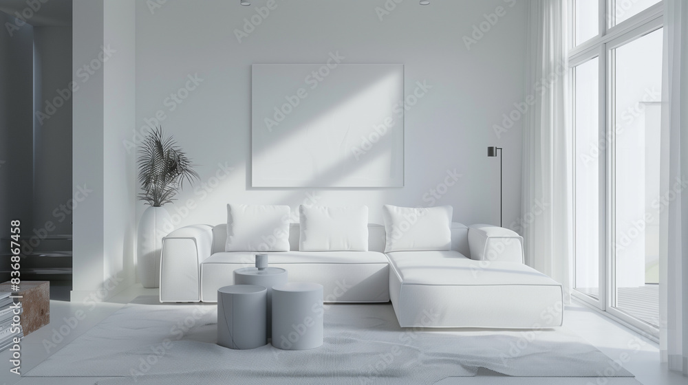 A minimalist living room with a white sofa, large windows, and soft natural light. The room features simple decor and a clean, open layout, creating a peaceful and inviting environment. A minimalist living room with a white sofa, large windows, and soft natural light. The room features simple decor and a clean, open layout, creating a peaceful and inviting environment.