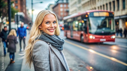 Stock photo of a city street with a bus in the background, showcasing a woman with blonde hair and a gray coat smiling at the camera © surapong