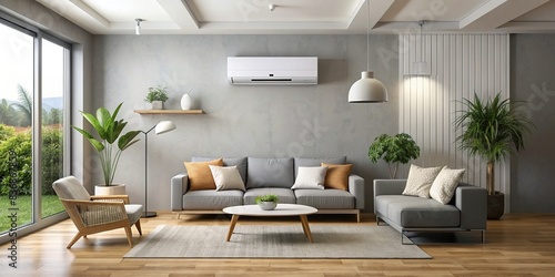 Modern living room with AC splitter on the wall photo