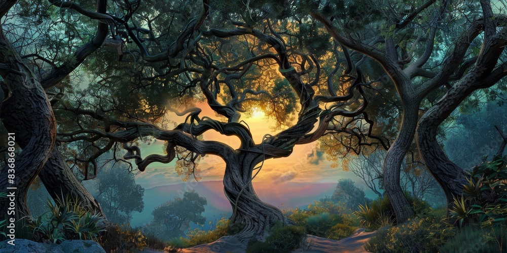 An Omega-shaped tree with twisted branches, in the center of an enchanted forest generated by AI An Omega-shaped tree with twisted branches, in the center of an enchanted forest generated by AI