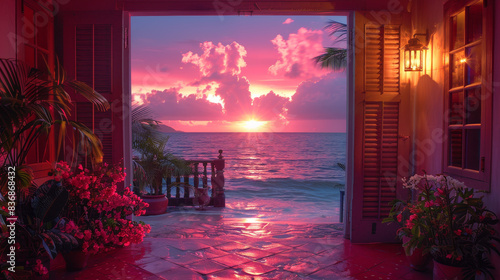 A stunning sunset over the ocean, viewed from an inviting patio with vibrant flowers, open wooden shutters, and a warm lantern glow. © dragonflypor9