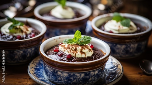 A velvety chocolate pudding served in individual ramekins, with a dollop of whipped cream on top 