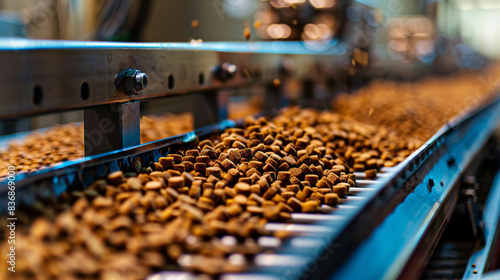 Industrial machinery in the pet food industry, focused on manufacturing dry dog food pellets