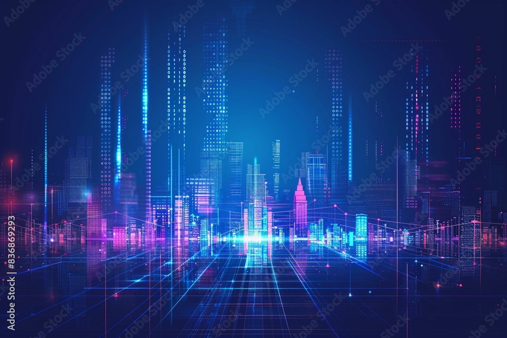Fototapeta premium Vector Illustration Urban Architecture, Cityscape With Space and Neon Light Effect. Modern Hi-tech, Science, Futuristic Technology Concept.