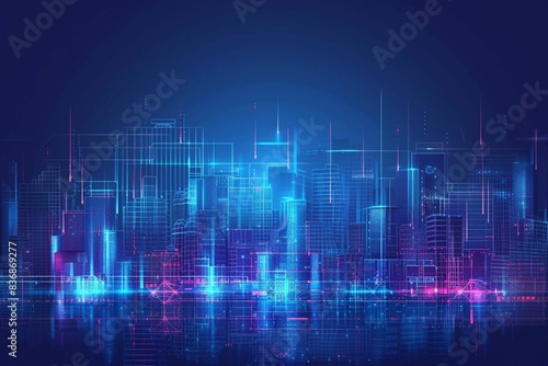 Vector Illustration Urban Architecture, Cityscape With Space and Neon Light Effect. Modern Hi-tech, Science, Futuristic Technology Concept.