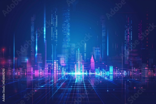 Vector Illustration Urban Architecture, Cityscape With Space and Neon Light Effect. Modern Hi-tech, Science, Futuristic Technology Concept.