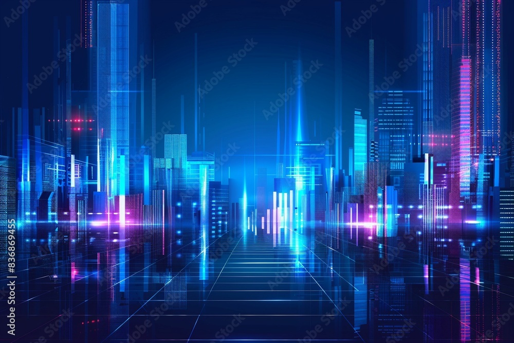 Vector Illustration Urban Architecture, Cityscape With Space and Neon Light Effect. Modern Hi-tech, Science, Futuristic Technology Concept. Vector Illustration Urban Architecture, Cityscape With Space and Neon Light Effect. Modern Hi-tech, Science, Futuristic Technology Concept.
