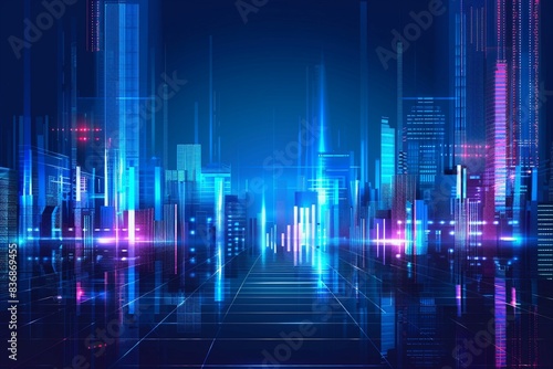 Vector Illustration Urban Architecture, Cityscape With Space and Neon Light Effect. Modern Hi-tech, Science, Futuristic Technology Concept.