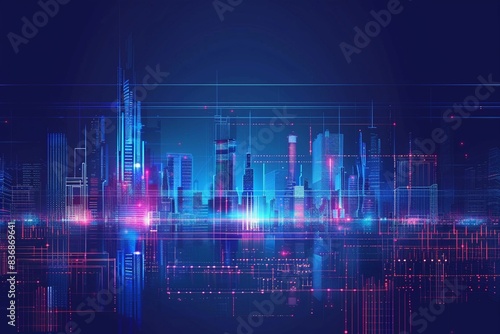Vector Illustration Urban Architecture, Cityscape With Space and Neon Light Effect. Modern Hi-tech, Science, Futuristic Technology Concept.