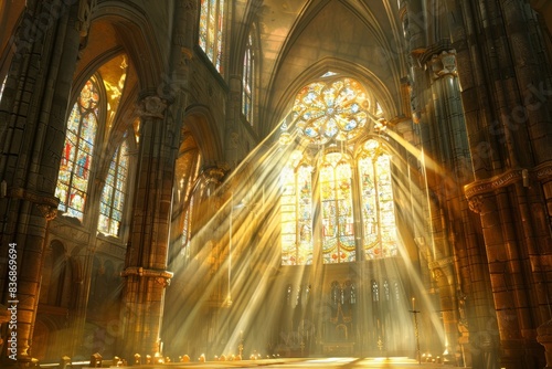 A grand cathedral with stained glass windows depicting the Omega symbol generated by AI