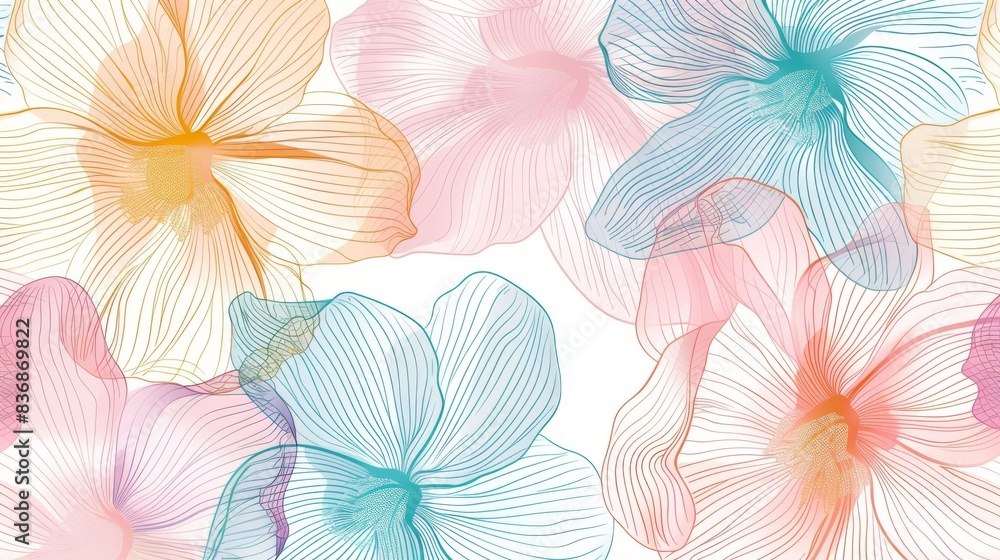 A soothing image showcasing a pattern of delicate flowers created with intricate line art in pastel hues, embodying a sense of tranquility and elegance A soothing image showcasing a pattern of delicate flowers created with intricate line art in pastel hues, embodying a sense of tranquility and elegance