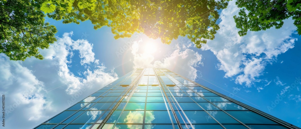 Looking up at a skyscraper, its glass facade reflecting the sun and clouds, a lone green tree stands at its base, symbolizing the harmony between nature and modern architecture in an eco-friendly