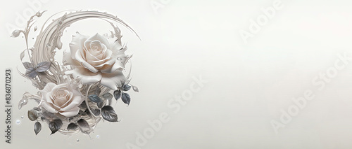  Banner white roses with silver leaves on white background, free space for text.
