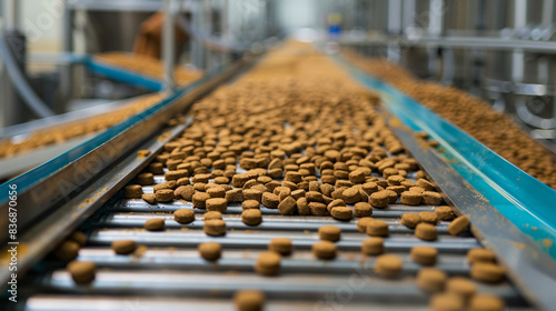 Machinery and equipment in a pet food factory, producing dry dog food with combined pelleted feed technology © Noreen