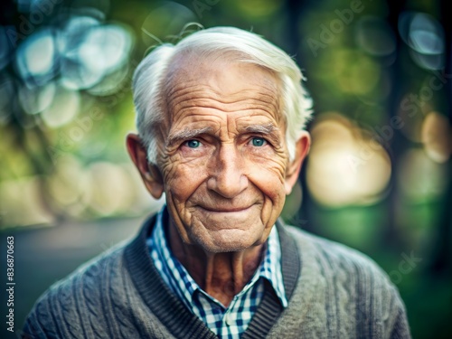 Portrait of a Smiling Elderly Man in a Park Setting with Soft Focus Background and Natural Light