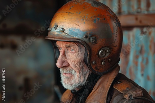 Side profile of an elderly man with a rugged expression, wearing a distressed oldfashioned pilot helmet