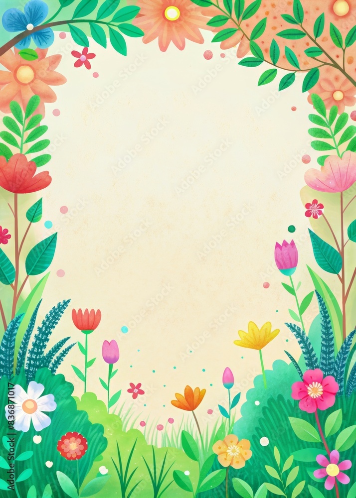 Obraz premium Colorful Floral Border Background with Hand-Drawn Flowers and Leaves, Perfect for Invitations, Greeting Cards, and Spring-Themed Designs