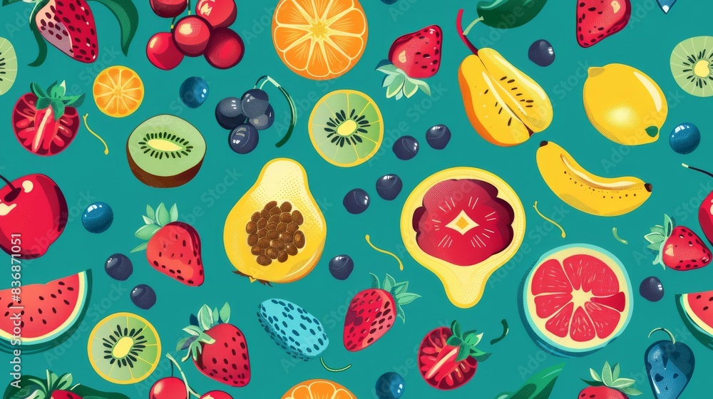 This image shows a playful and vibrant pattern of various fruits scattered on a teal background, depicting freshness and health This image shows a playful and vibrant pattern of various fruits scattered on a teal background, depicting freshness and health