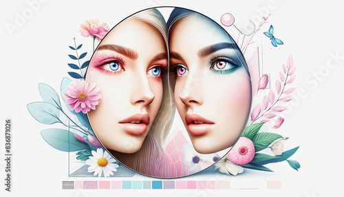 A spring makeup look with pastel eyeshadows, glossy lips, and fresh floral accents. Soft blush adds a natural, radiant glow, perfect for a vibrant, youthful appearance. photo