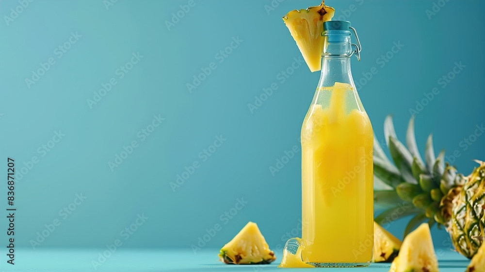 A bottle of pineapple juice with a pineapple wedge and slices, against a solid blue background, evoking a tropical and refreshing vibe. A bottle of pineapple juice with a pineapple wedge and slices, against a solid blue background, evoking a tropical and refreshing vibe.