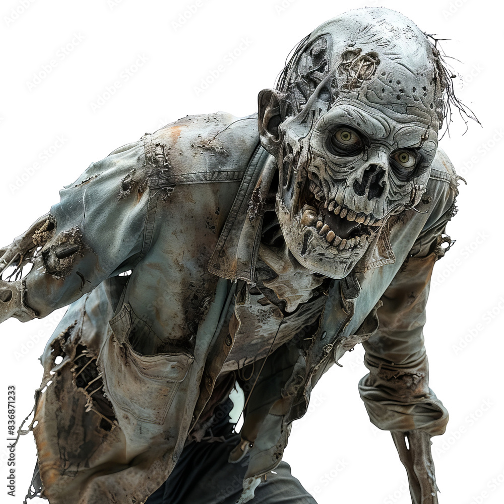 A realistic depiction of a spooky zombie with decaying skin and tattered clothes, perfect for Halloween and horror-themed designs. A realistic depiction of a spooky zombie with decaying skin and tattered clothes, perfect for Halloween and horror-themed designs.