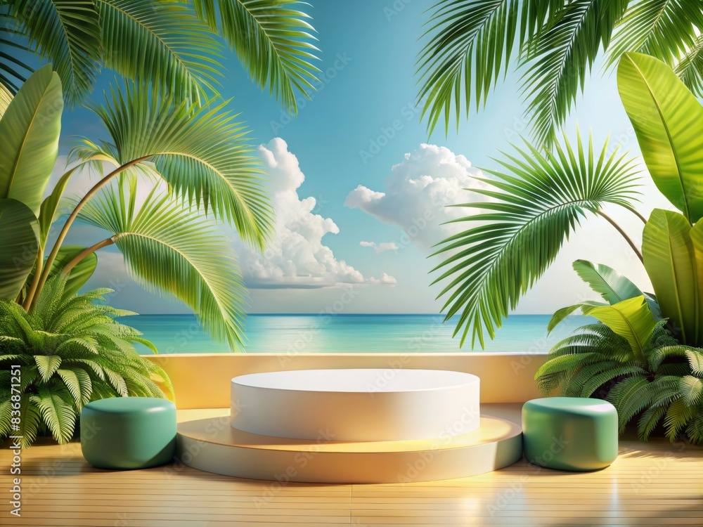 Tropical Round Podium for Product Display with Ocean View, Palm Leaves, and Blue Sky Background - Ideal for Summer, Vacation, and Nature-Themed Presentations Tropical Round Podium for Product Display with Ocean View, Palm Leaves, and Blue Sky Background - Ideal for Summer, Vacation, and Nature-Themed Presentations