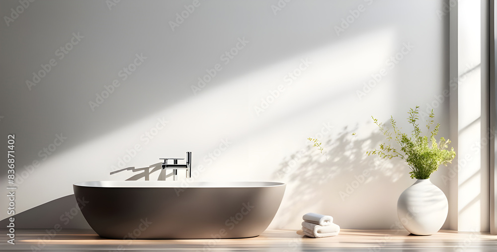 Table of free space and bathroom interior. White wall with shadows and sunny warm morning time. Table of free space and bathroom interior. White wall with shadows and sunny warm morning time.