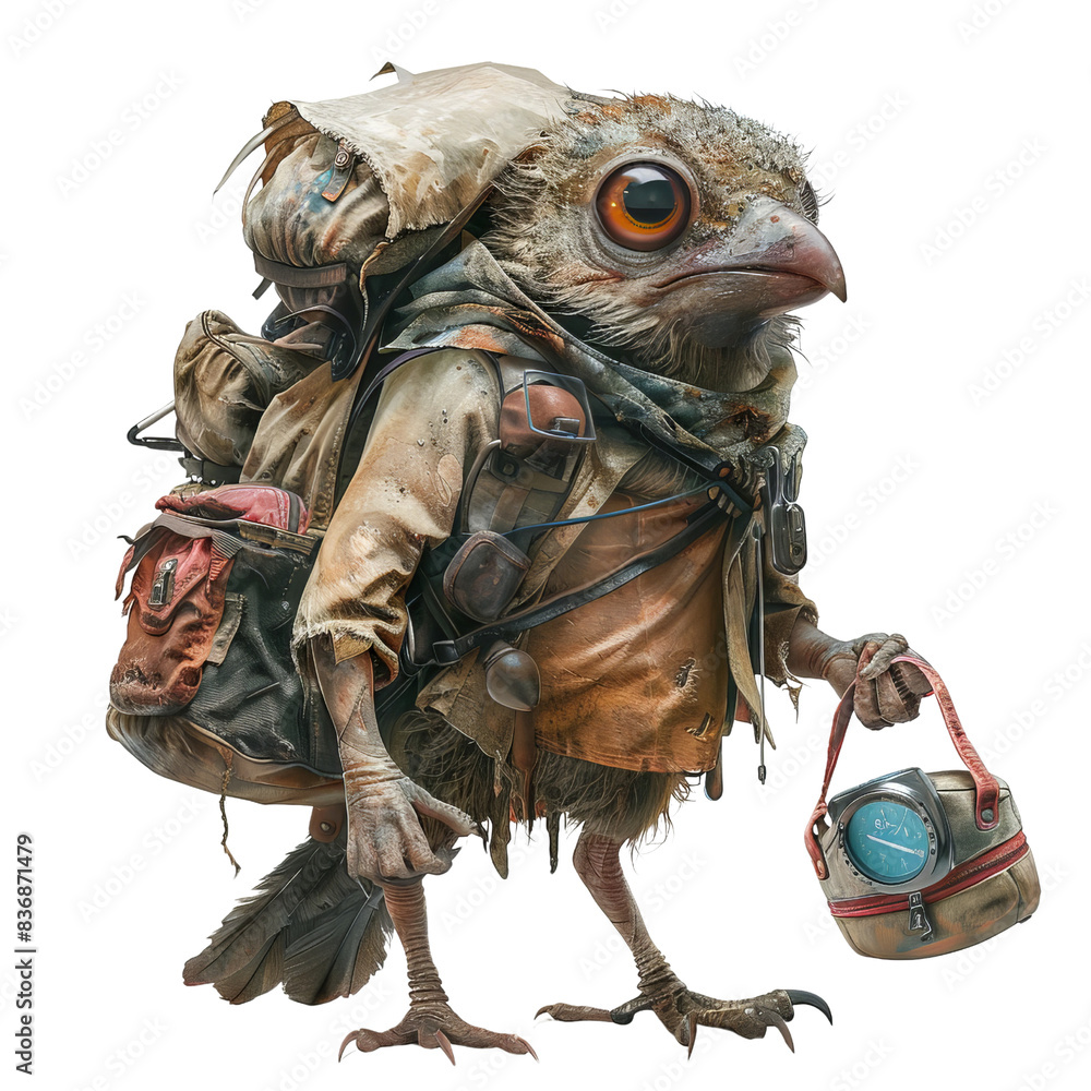 A whimsical bird dressed as a hiker with a backpack and lantern, evoking adventure and fantasy in a detailed and creative illustration. A whimsical bird dressed as a hiker with a backpack and lantern, evoking adventure and fantasy in a detailed and creative illustration.