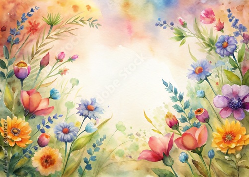 Vibrant Watercolor Floral Background with Colorful Spring Flowers and Soft Pastel Hues, Perfect for Invitations, Greeting Cards, and Artistic Projects