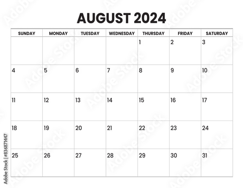 AUGUST 2024 calendar start from SUNDAY