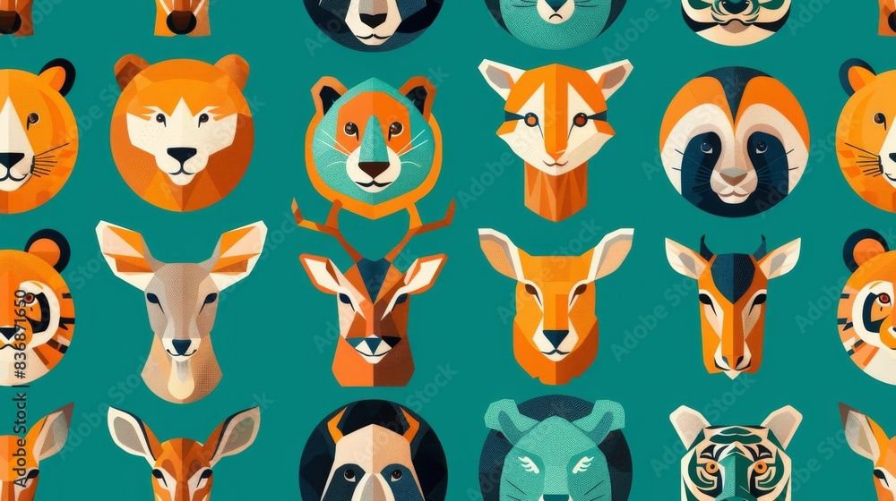 A vibrant pattern featuring illustrated faces of various animals on a teal background, styled in a modern and graphic manner