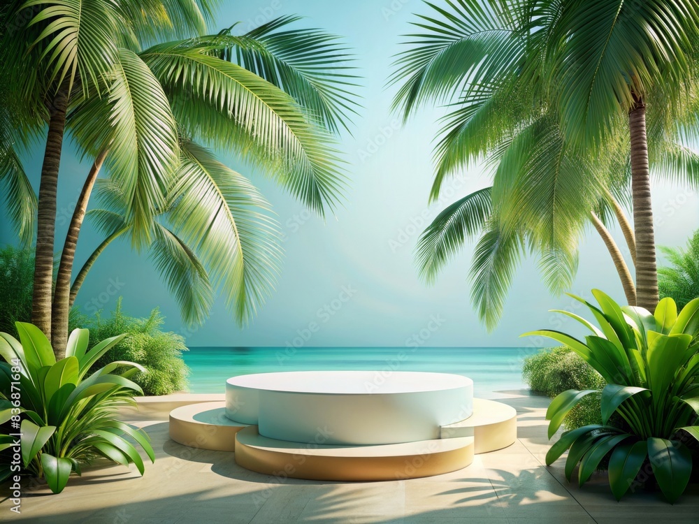 Obraz premium Elegant Round Podium for Product Display in Tropical Beach Setting with Palm Trees and Ocean Background, Perfect for Presentations, Showcases, and Marketing Campaigns