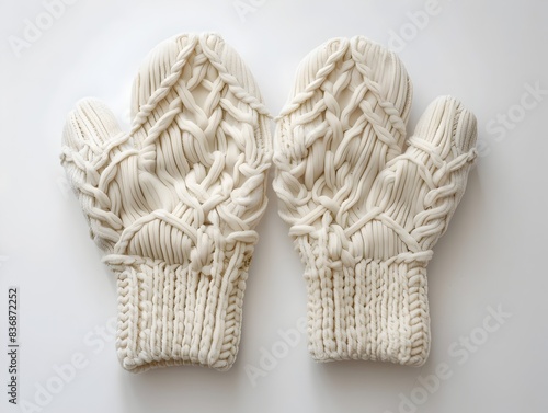 Pair of White Knitted Mittens on Minimal White Background