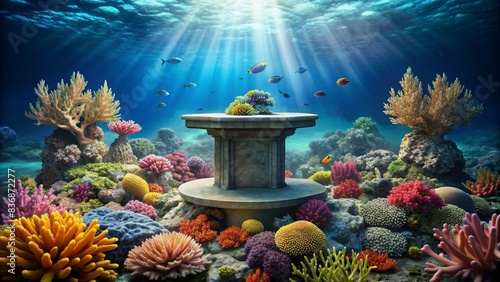 Underwater Round Podium for Product Display with Vibrant Coral Reef and Marine Life, Perfect for Presentations and Advertisements photo
