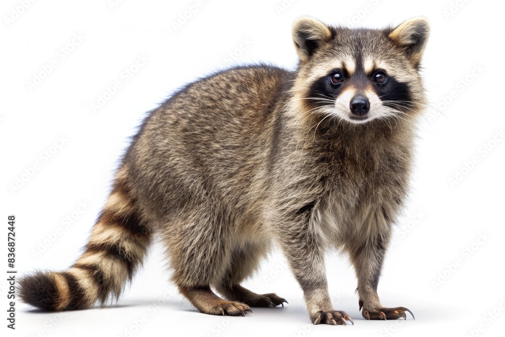 Obraz premium Curious raccoon standing on white background 