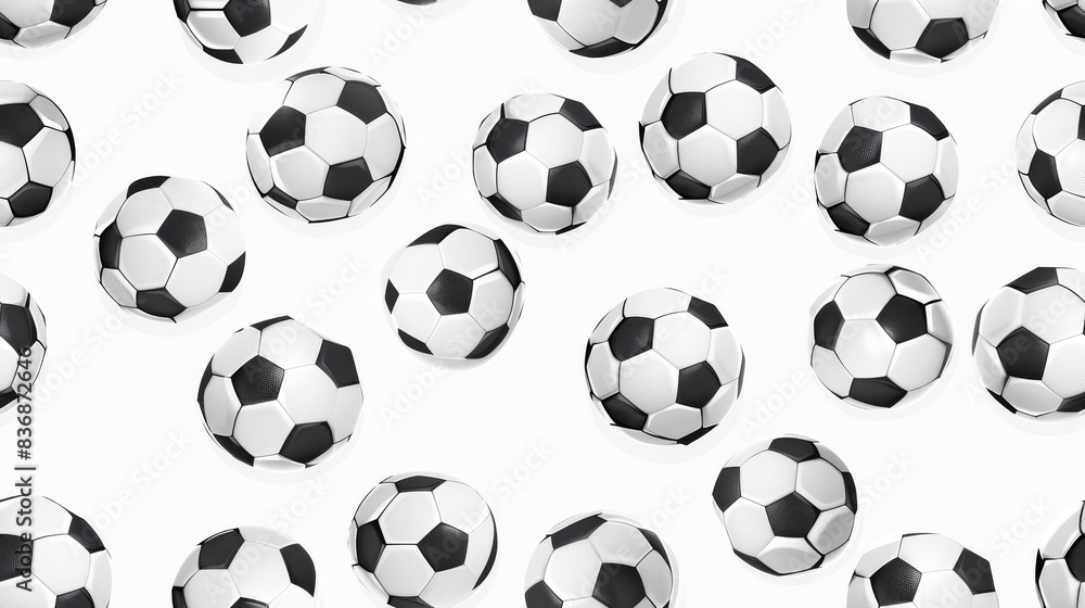 A collection of classic black and white soccer balls scattered across a seamless white backdrop, evoking themes of team sports and recreation A collection of classic black and white soccer balls scattered across a seamless white backdrop, evoking themes of team sports and recreation