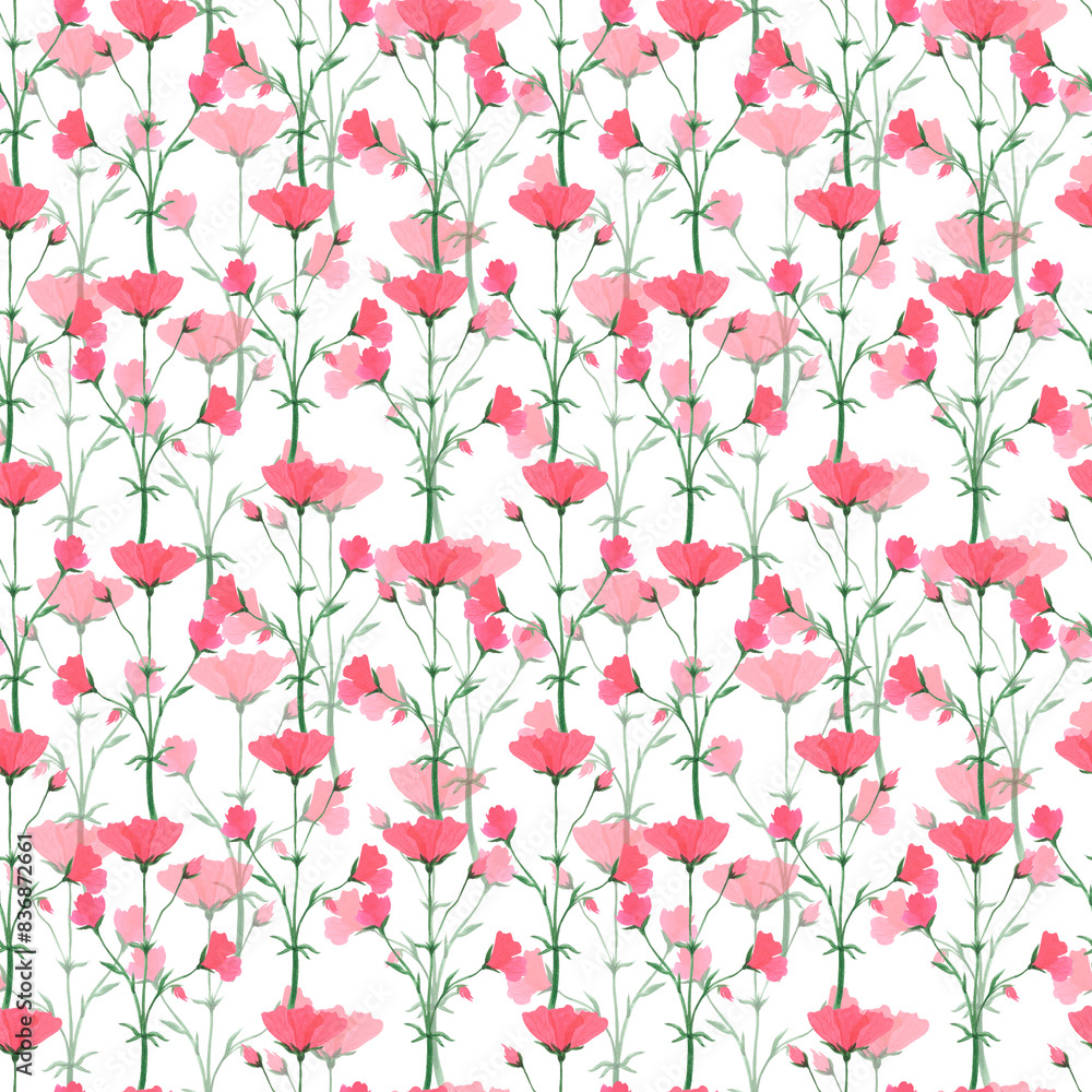 Hand drawn watercolor red wildflowers seamless pattern isolated on white background. Can be used for fabric, wrapping, textile and other printed products. Hand drawn watercolor red wildflowers seamless pattern isolated on white background. Can be used for fabric, wrapping, textile and other printed products.