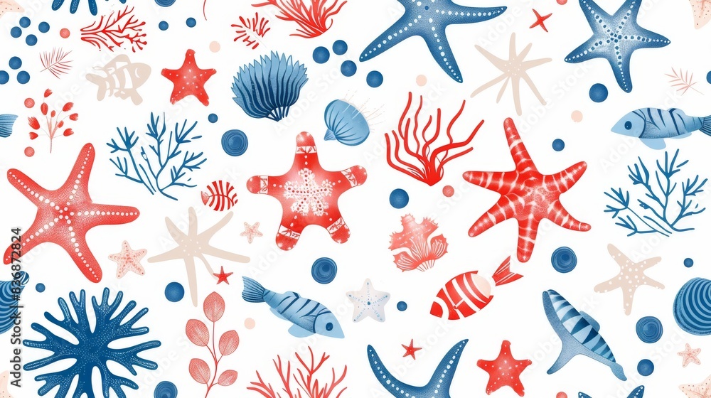 An artistic representation of underwater sea life with a vibrant mix of starfish, shells, and coral in lively hues Perfect for thematic designs An artistic representation of underwater sea life with a vibrant mix of starfish, shells, and coral in lively hues Perfect for thematic designs