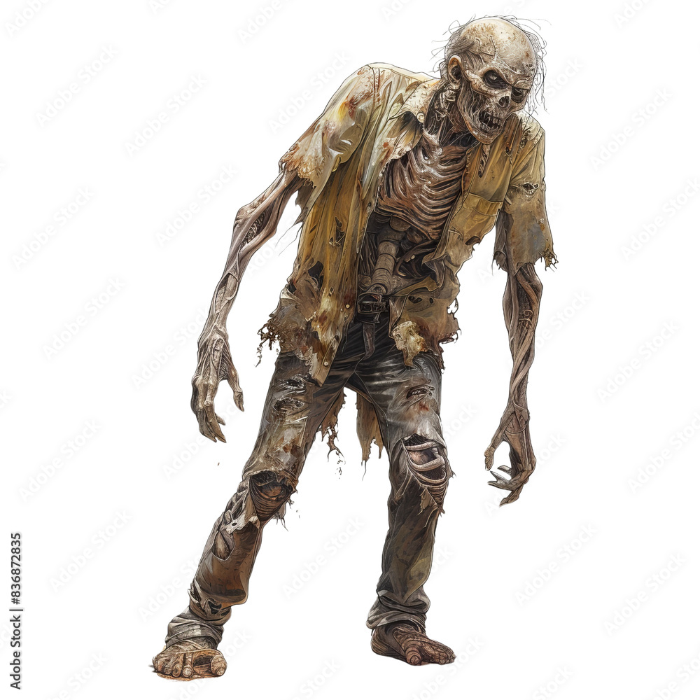 Creepy zombie in tattered clothing, perfect for Halloween and horror-themed projects, mockups, or storytelling purposes. Creepy zombie in tattered clothing, perfect for Halloween and horror-themed projects, mockups, or storytelling purposes.