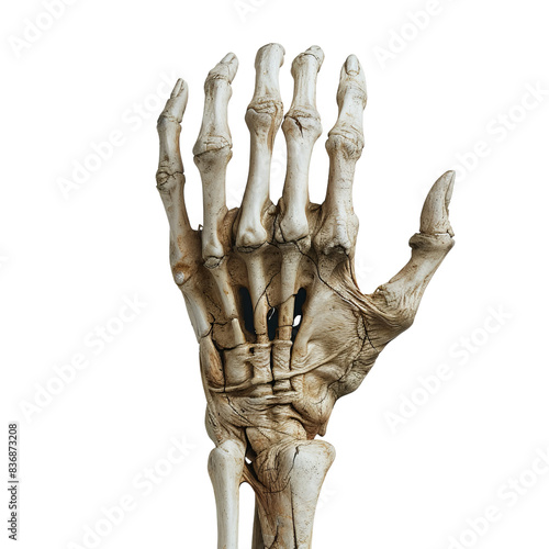 Detailed image of a human hand skeleton showing bones and structure, isolated on a white background.