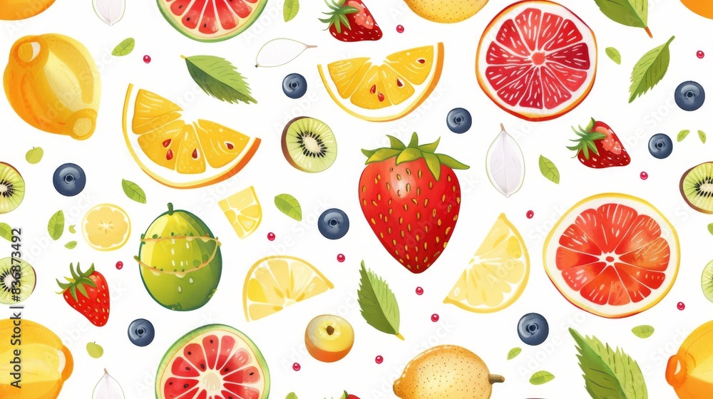 A vibrant selection of fruit slices and leaves arranged in a repeating pattern, perfect for kitchen decor or healthy lifestyle themes A vibrant selection of fruit slices and leaves arranged in a repeating pattern, perfect for kitchen decor or healthy lifestyle themes