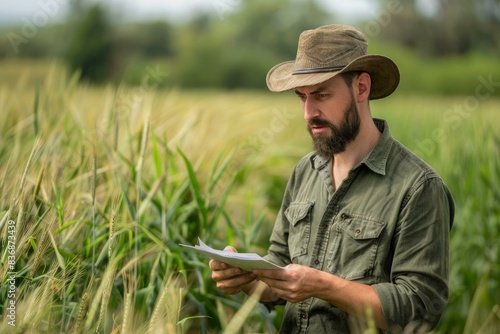 Serious male farmer with a hat reading a paper amidst tall crops © ylivdesign