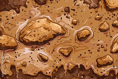 Abstract illustration of wet, muddy ground with various rocks and puddles, showcasing a detailed earthy texture and natural elements. photo