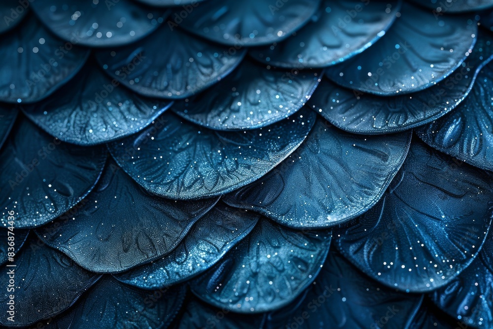 Obraz premium Close-up of blue fish scales with a textured pattern and sparkling water droplets, showcasing nature's intricate detail and aquatic beauty.