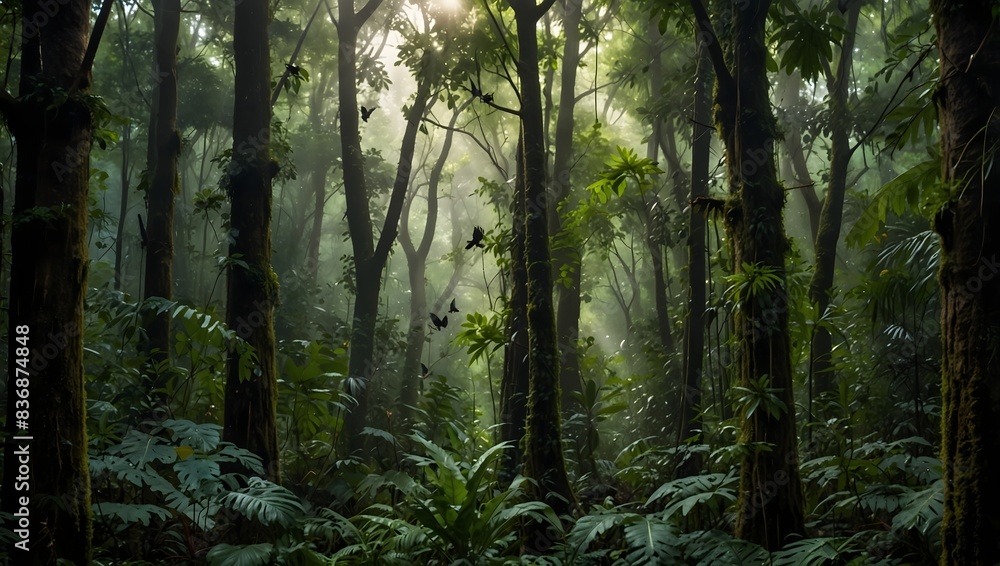 Fototapeta premium Amongst the lush canopy, birds in the forest weave melodies into the air ai_generated